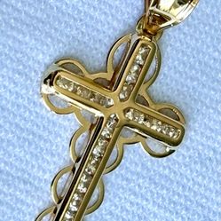 14K Solid Gold Bubble Cross Heart , Clear CZ Pendant