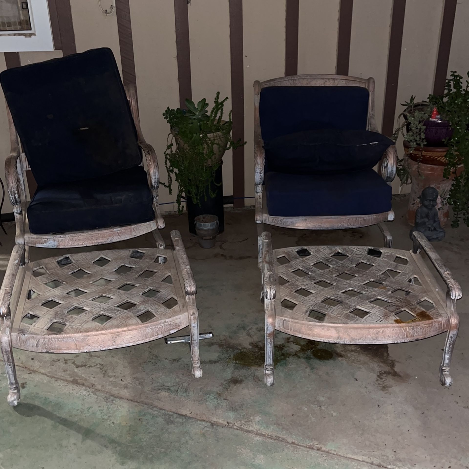 Wrought iron, spring action rocking chairs with Ottomans