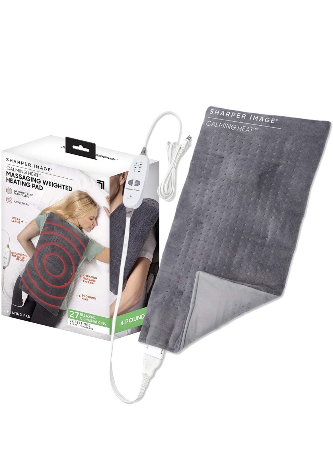Calming Heat Massaging Weighted Heating Pad by Sharper Image- Electric Heating Pad with Massaging Vibrations, Auto-Off,12 Settings- 3 Heat, 9 Massage-