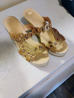 Gold Rhinestone Wedge Slide Sandals
