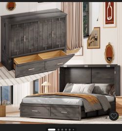 Mjkone Queen Size Convertible Murphy Cabinet Bed, Solid Wood Foldable Frame with Storage Drawers & USB