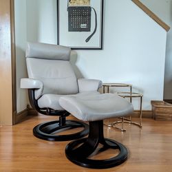 Large Size Ekornes Stressless Style Grey Leather Oslo Recliner & Ottoman by Nordic Home