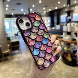 Glitter Fish Scale Pattern Detachable Insert Phone Case for iPhone 15 and 15 Pro with Colorful Electroplated Anti-Drop Cover