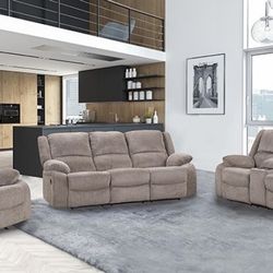 Brand New Super Plush Mocha 3pc Reclining Sofa Set