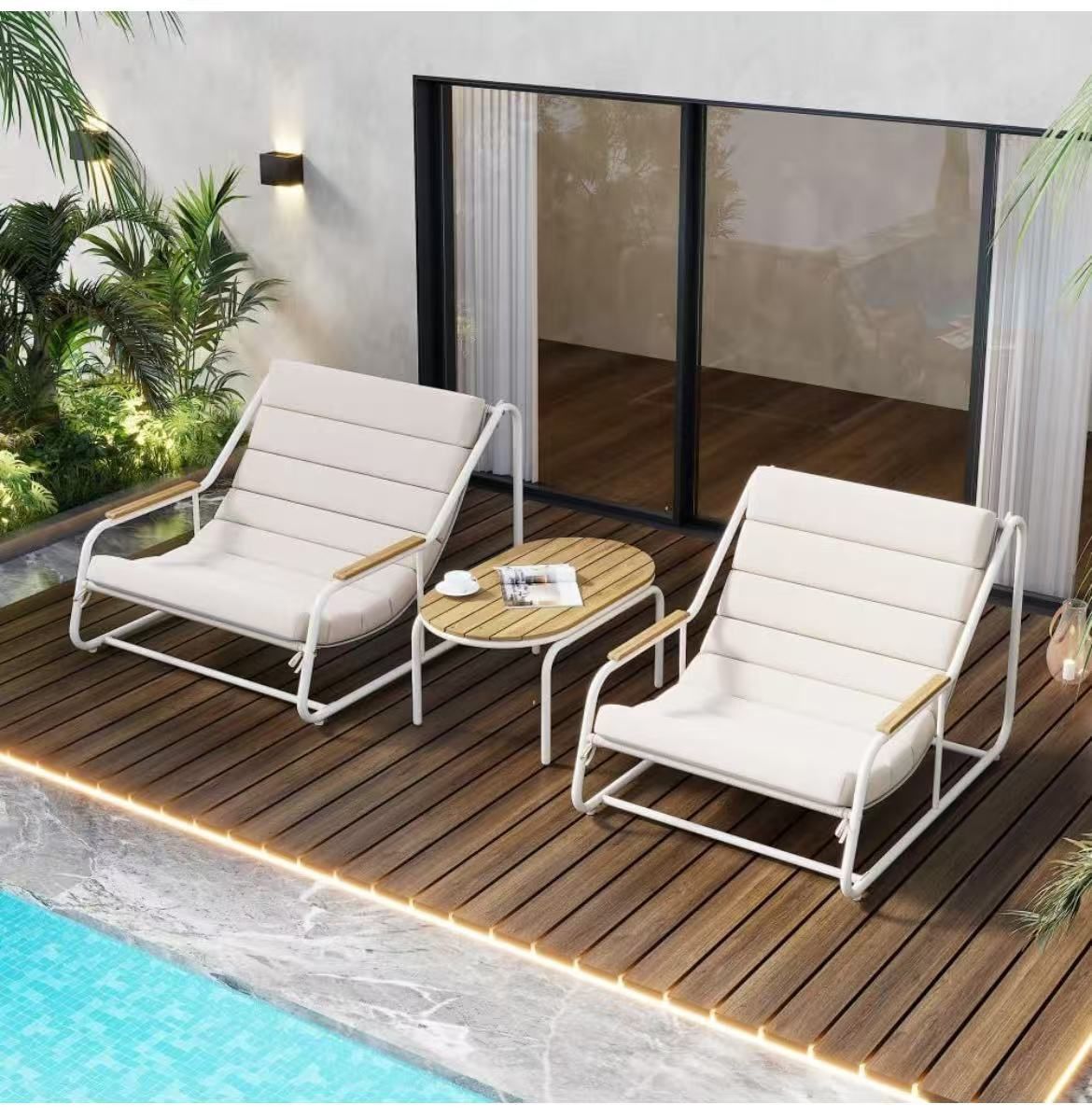 π Set of 3 outdoor loungers, patio loungers with acacia side table, pool chairs for lawn, terrace, beach (beige and white) $ 120