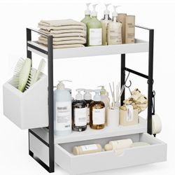 New 2-Tier Bathroom Counter Organizer with Drawer and Basket, Wood Countertop Organizer for Storage, Skincare Organizers for Vanity, Counter Shelf for