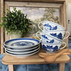 Vintage Chinese Blue and White Porcelain Tea Cup Saucer Set Chinoiserie