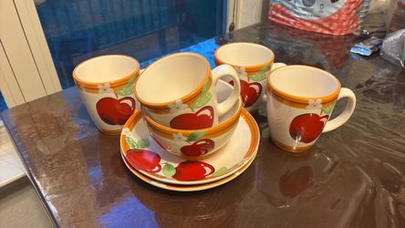 Ceramic Apple Print Mugs, Plates, and Bowl Set