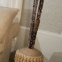 Vintage wicker vase, large with bamboo sticks