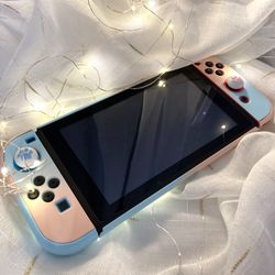 Nintendo Switch Protective Cover Case (Pink and Light Blue) + Cat Paw Grip Caps (4pc) + Screen Protector