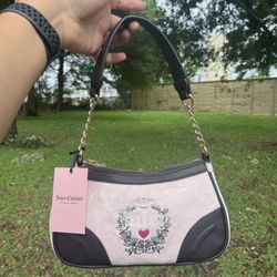 NWT Juicy Couture Powder Blush Velour Heritage Shoulder Bag  Viral bag  Gold tone hardware 1 zip pocket and 1 zip