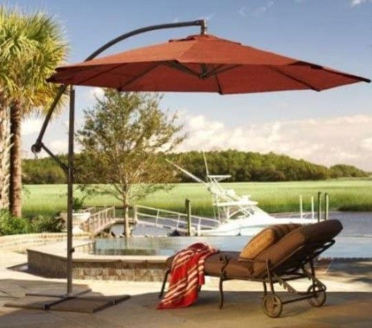 10 ft patio umbrella sale 10ft Solar LED Offset Hanging Market Patio Umbrella(Navy blue )(No Base)