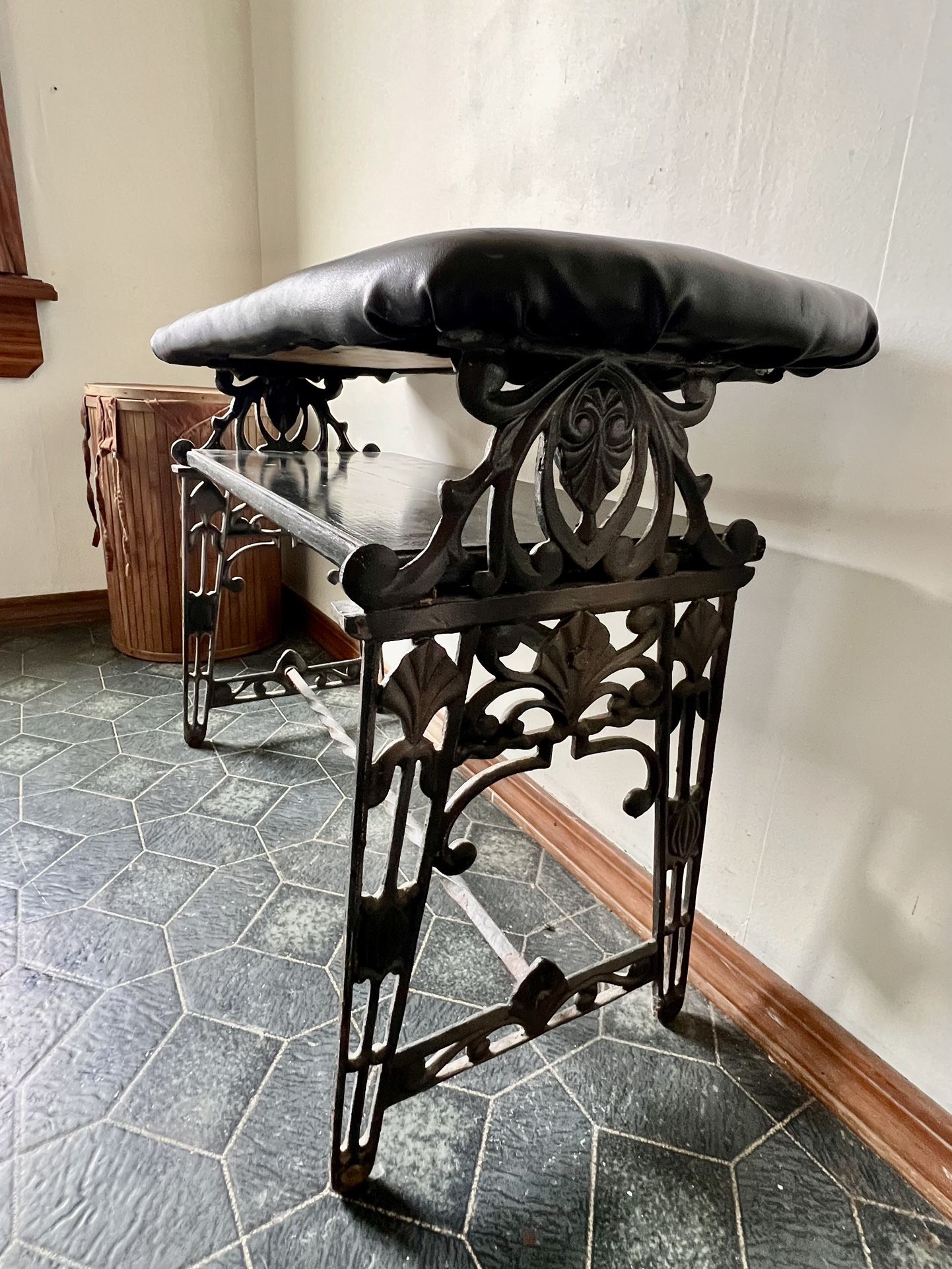 Antique Unique Small Cast Iron Base Accent Bench with Leather Padded Top - Bathroom/ Entryway