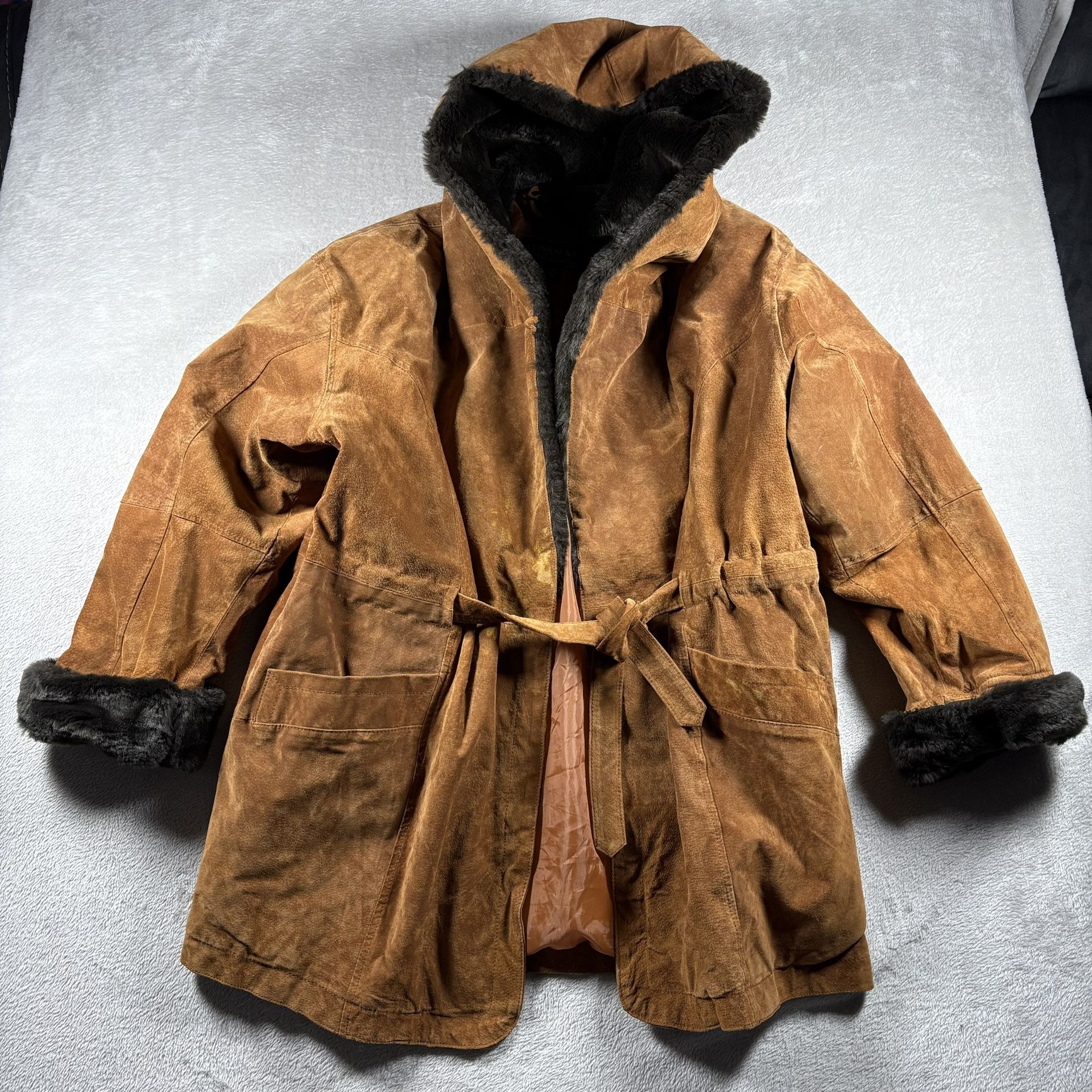 Vintage Cosa Nova Leather Coat Jacket Womens L Brown Fur Collar Lined Penny Lane