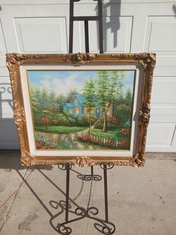 Vintage decorative gold framed cottage flower field Thomas Kinkade style unsigned oil on canvas painting
