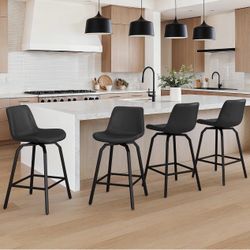 360° Swivel Bar Stools Set of 4, 26 Inch Counter Height Bar Stools, Black Modern Faux Leather, with Enlarged Seats, Metal Legs, for Kitchen Island, Di