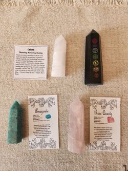 4 Crystal Tower Set | Obsidian Chakra Tower, Rose Quartz, Amazonite & Calcite