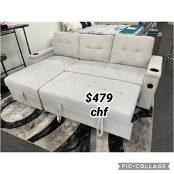 Woven Fabric Reversible Sleeper Sectional Sofa with Storage Chaise, Storage Arm, Cup Holder, Charging Ports, Side Pockets, and Pocket Coil Seating