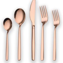 20 Piece Titanium Rose Gold Plated Stainless Steel Flatware Set, 20 Pieces Copper Silverware Set, Copper Color Cutlery Sets, Service for 4 (shiny Copp