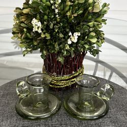 Vintage Hand Blown Clear Colonial Green Glass Candlestick Holder W/Handle & Air Bubbles Set RARE