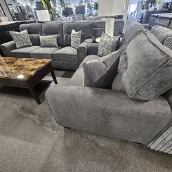 Brand New Charcoal Pocket Coils Chenille Sofa + Loveseat 2PCs Set