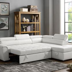 Stylish Modern White Sectional, White Faux Leather Sofa, L-Shaped Sofa With Pull-out Bed, Sofabed, Sectional Sofa Bed, White Couch, Leatherette Sofa