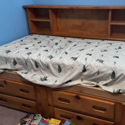 Twin Bed/Frame with shelves and drawers Book Shelf, Dresser With Mirror All Included. . Mattress included. In great condition!