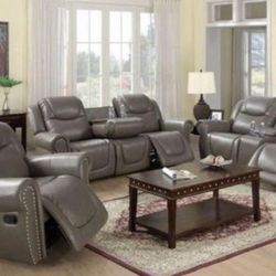 Gray Leather Fully Reclining Couch Set 