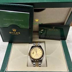 Rolex Datejust 36 two-tone, champagne dial, fluted bezel, Jubilee, complete set
