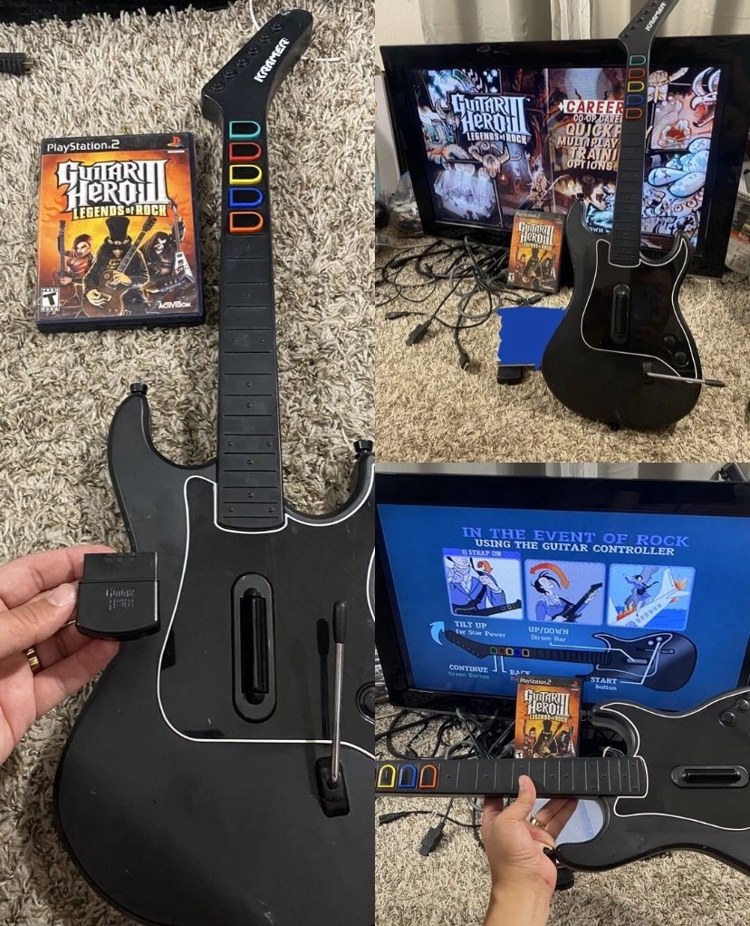 PS2 Guitar Hero Red Octane Kramer Striker Wireless Guitar W Dongle Guitar Hero 3