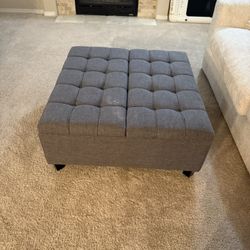 SIMPLIHOME Harrison 36 inch Wide Transitional Square Coffee Table Storage Ottoman in Slate Grey Linen Look Fabric, Assembled, For the Living Room and 
