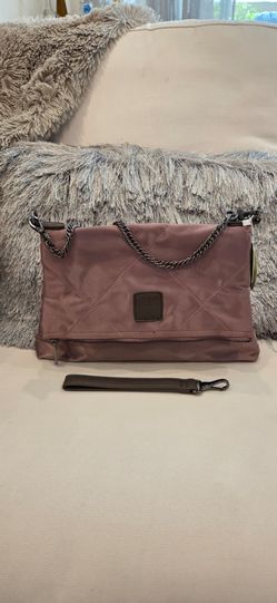 Brand New Deux Lux Dark Pink Quilted Satin Fold Over Shoulder Purse With Silver Chain