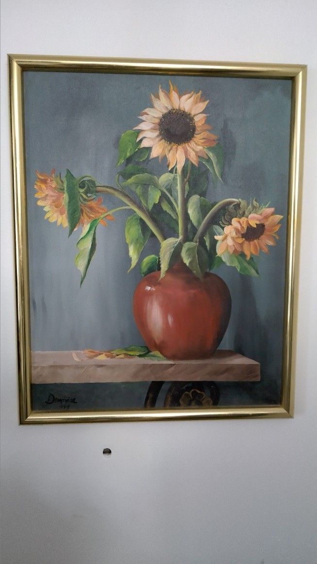 Sunflower Still Life Oil Painting Frame And Signed