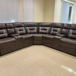 Brown Leather Sofa Sectional with Reclining Seats
