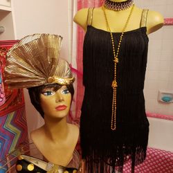 Flapper 1920's Fringe Dressgold Beads Hat & Shoes NOT Included