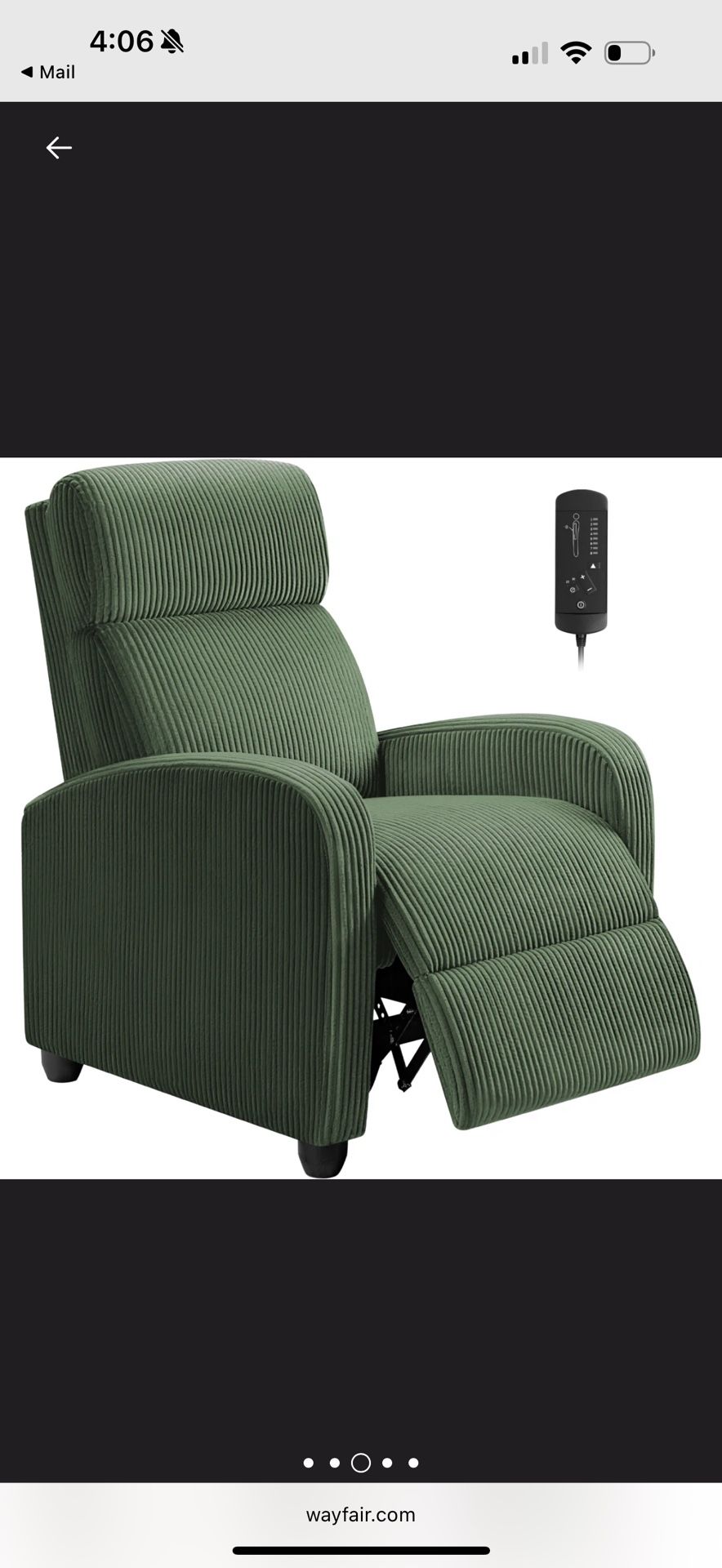 Green Corduroy Manual Recliner Chair With Massager