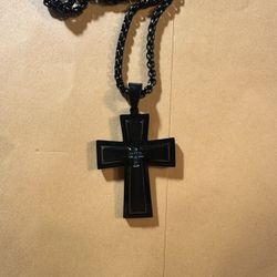 Black Stainless Cross Necklace With Enhanced Blue Diamonds