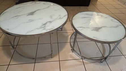 Modern Nesting Coffee Table Set Marble Look & Chrome