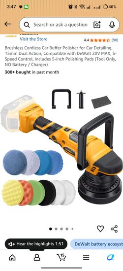 Brushless Cordless Car Buffer Polisher for Car Detailing, 15mm Dual Action, Compatible with DeWalt 20V MAX, 5-Speed Control, Includes 5-inch Polishing