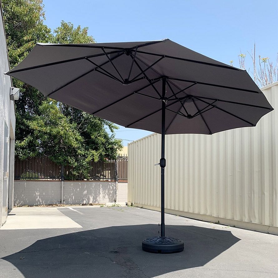 (New) $130 Large 15x9 FT Double Sided Umbrella with Weight Base set (Red/Gray color) 