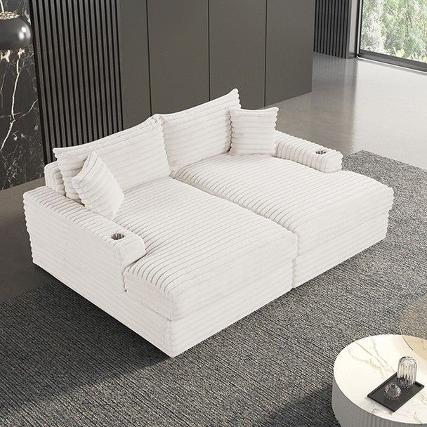 FINANCE TODAY! Versoix White Padded Chenille Double Chaise Couch Lounge Sofa Love Seat w/ USB