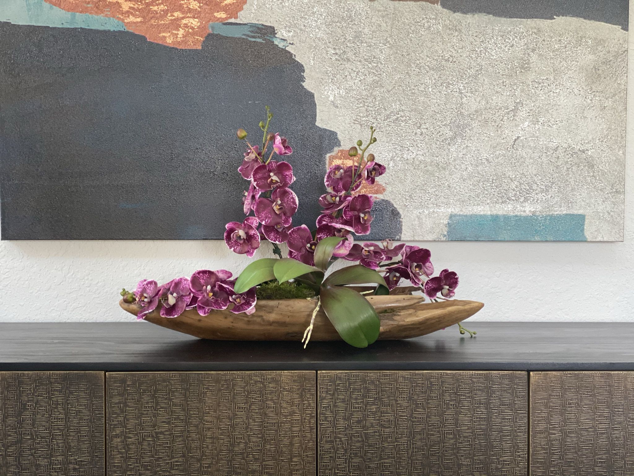 Faux Purple Orchid On Teak Boat Arrangement