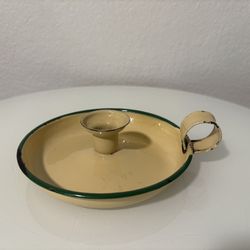 Vintage Enamel Candle Holder Beige Green