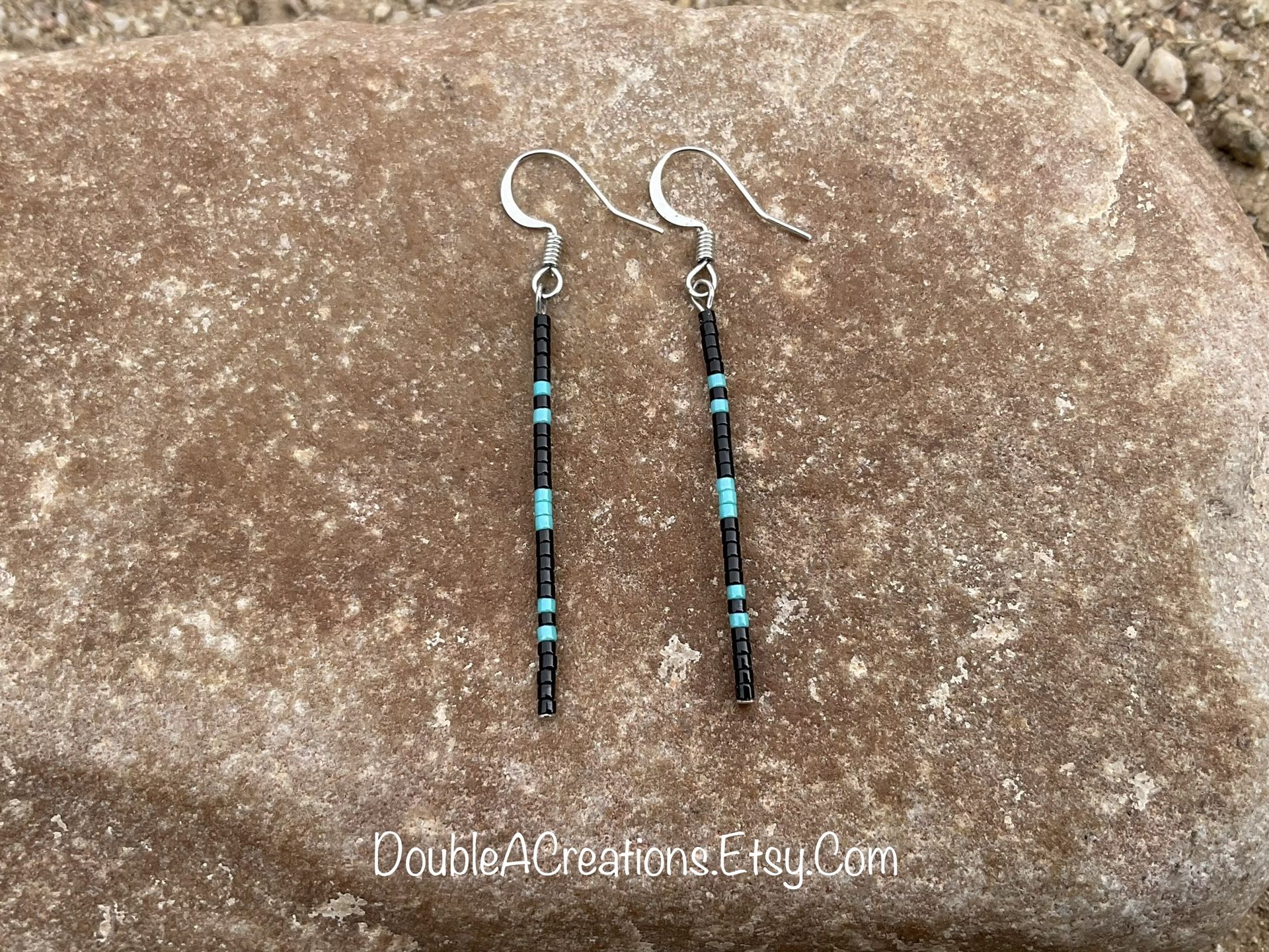 Turquoise And Black Simple Beaded Earrings, New, Handmade By Me