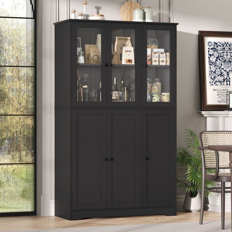 69" Tall Glass Door Display Bookcase, 5-Tires Large Storage Bookshelves with Adjustable Shelves for Home Office Kitchen Dining Room, Black