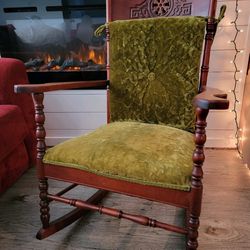 Antique Pressed Oak And Velvet Rocking Chair