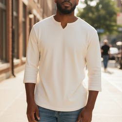 Cabin Creek Mens XL Tall Waffle Knit Cream 3/4 Sleeve Henley Top