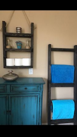 Farmhouse/Rustic Hanging ladder shelf & Blanket/Towel Ladder