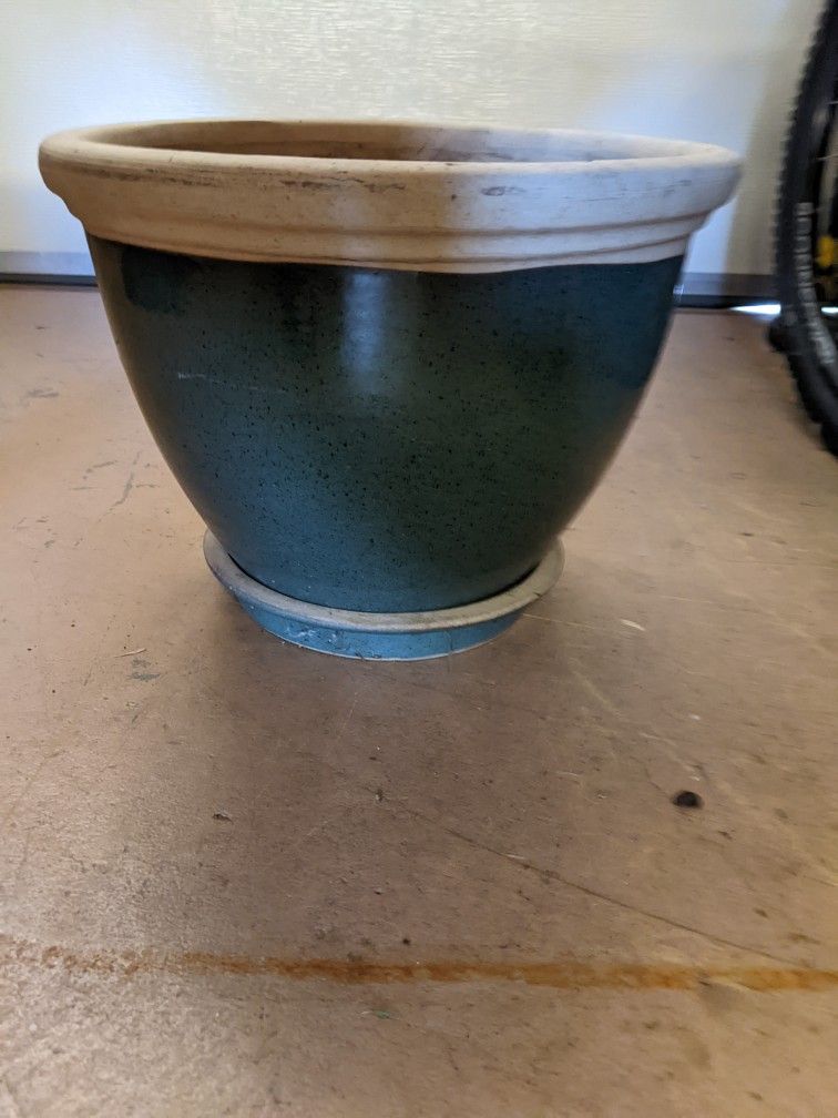 Dark Green Clay Planter with Matching Saucer