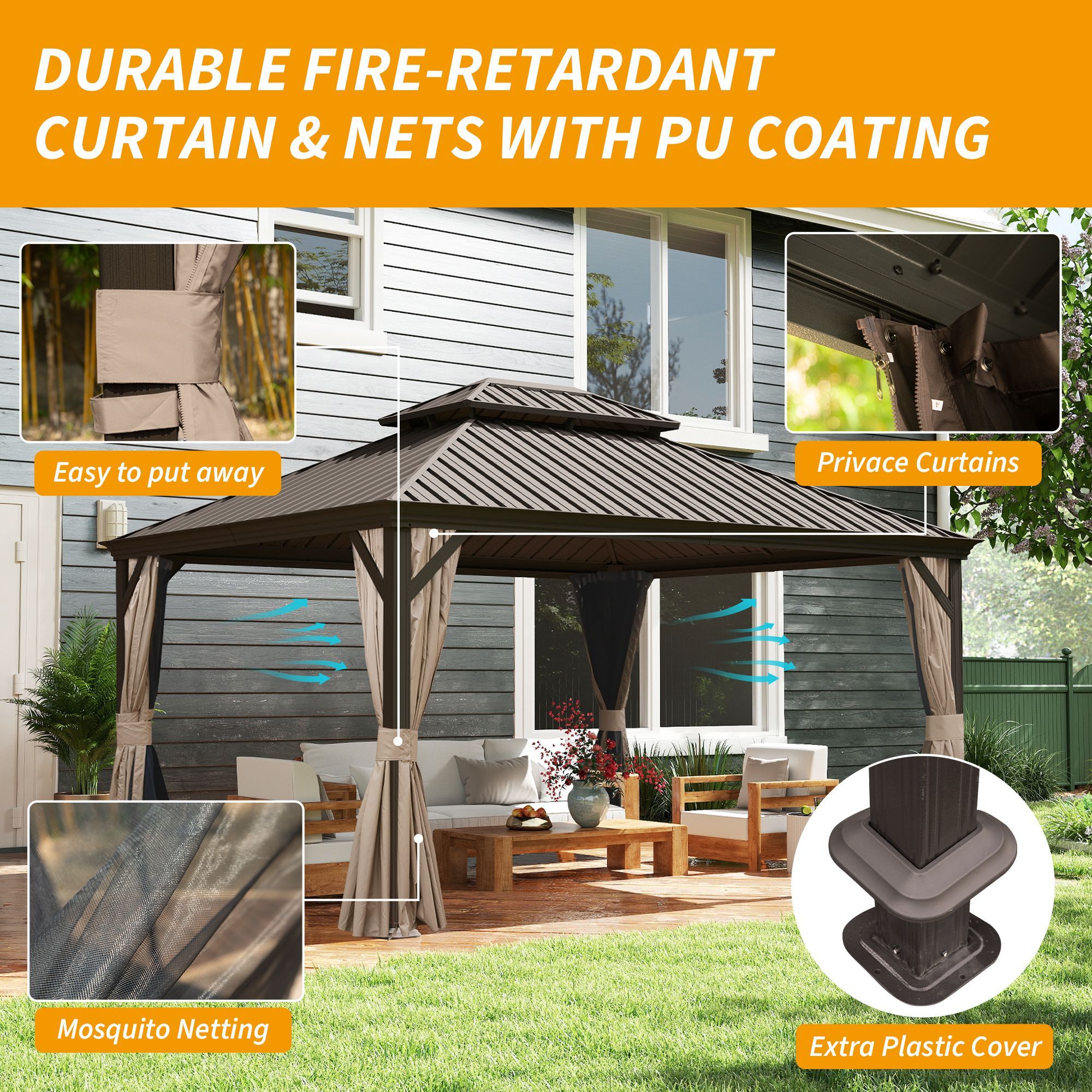 12' X 14' Hardtop Gazebo, Upgraded Metal Gazebo with Drainage System, Dual-Layer Galvanized Steel Roof, Curtain and Netting, Outdoor Shelter Canopy fo